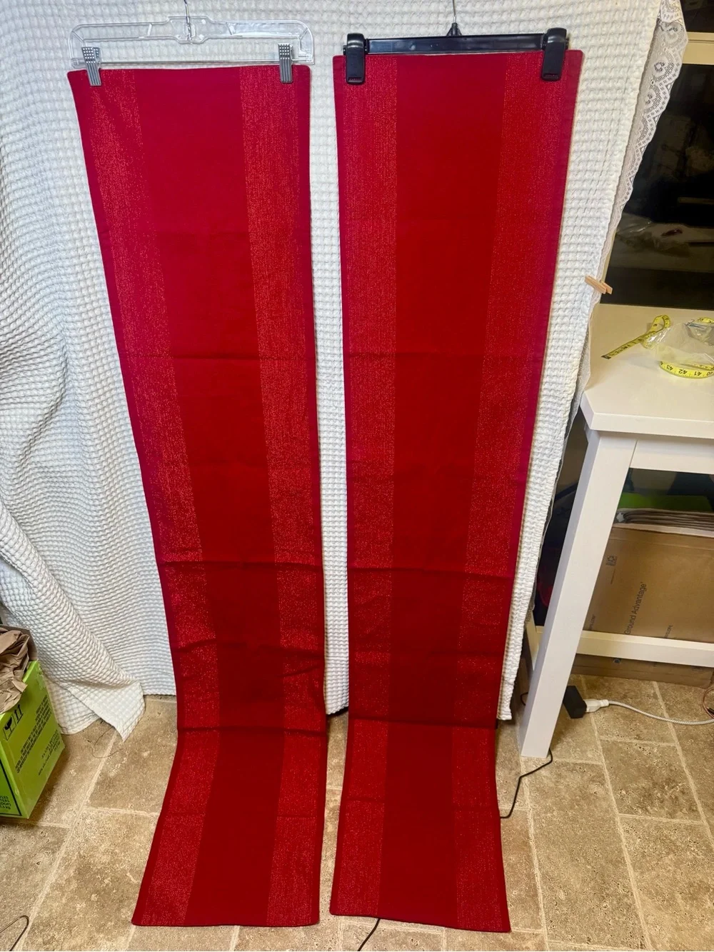 Set of 2 Red Metallic Stripe Table Runners 13.5”x72”. In Like New Condition